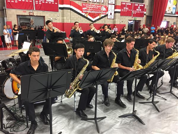 Several male high school students playing brass musical instruments